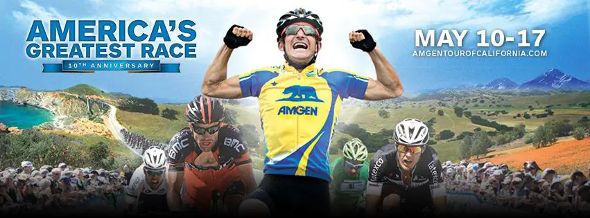 Banner for the 10th anniversary Amgen Tour of California, "America's Greatest Race", May 10 to 17, showing a cyclist celebrating with arms raised above a peloton on a coastal road