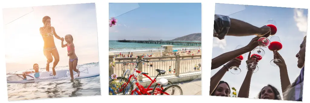 Three photographs side by side: a mother and daughter jumping off a paddleboard, red beach cruisers parked along the promenade railing above the pier, and friends clinking glasses of red wine