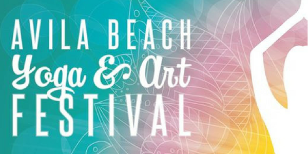 Banner for the Avila Beach Yoga and Art Festival, its title over a teal-to-pink gradient with line-drawn leaves and a figure in silhouette