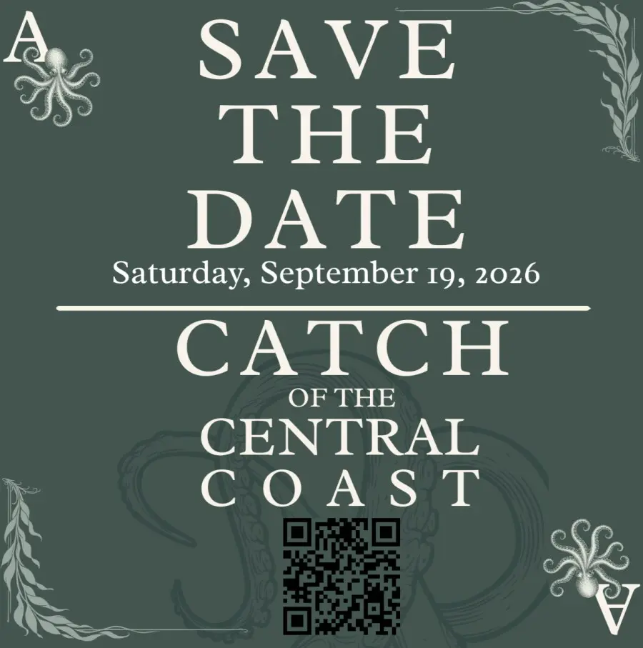Save the Date graphic for Catch of the Central Coast on Saturday, September 19, 2026: cream serif lettering on deep green with hand-drawn octopuses, kelp fronds and a QR code