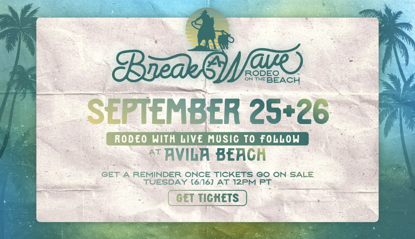 Key art for Break A Wave Rodeo on the Beach, September 25 and 26 at Avila Beach, with a roper on horseback in a sunset roundel above hand-lettered type