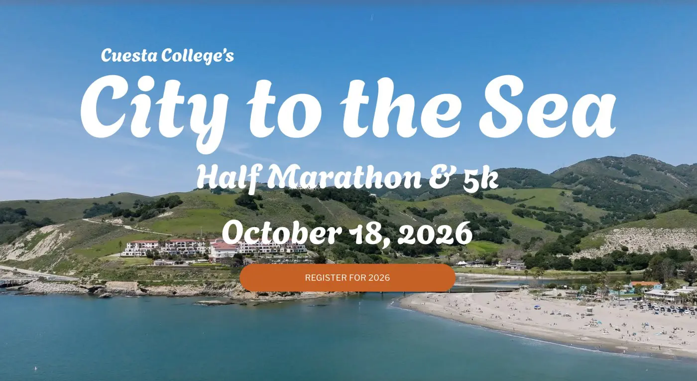 City to the Sea Half Marathon and 5K key art for October 18, 2026, over an aerial view of Avila Beach with green hills, the bluff-top hotel and a busy beach