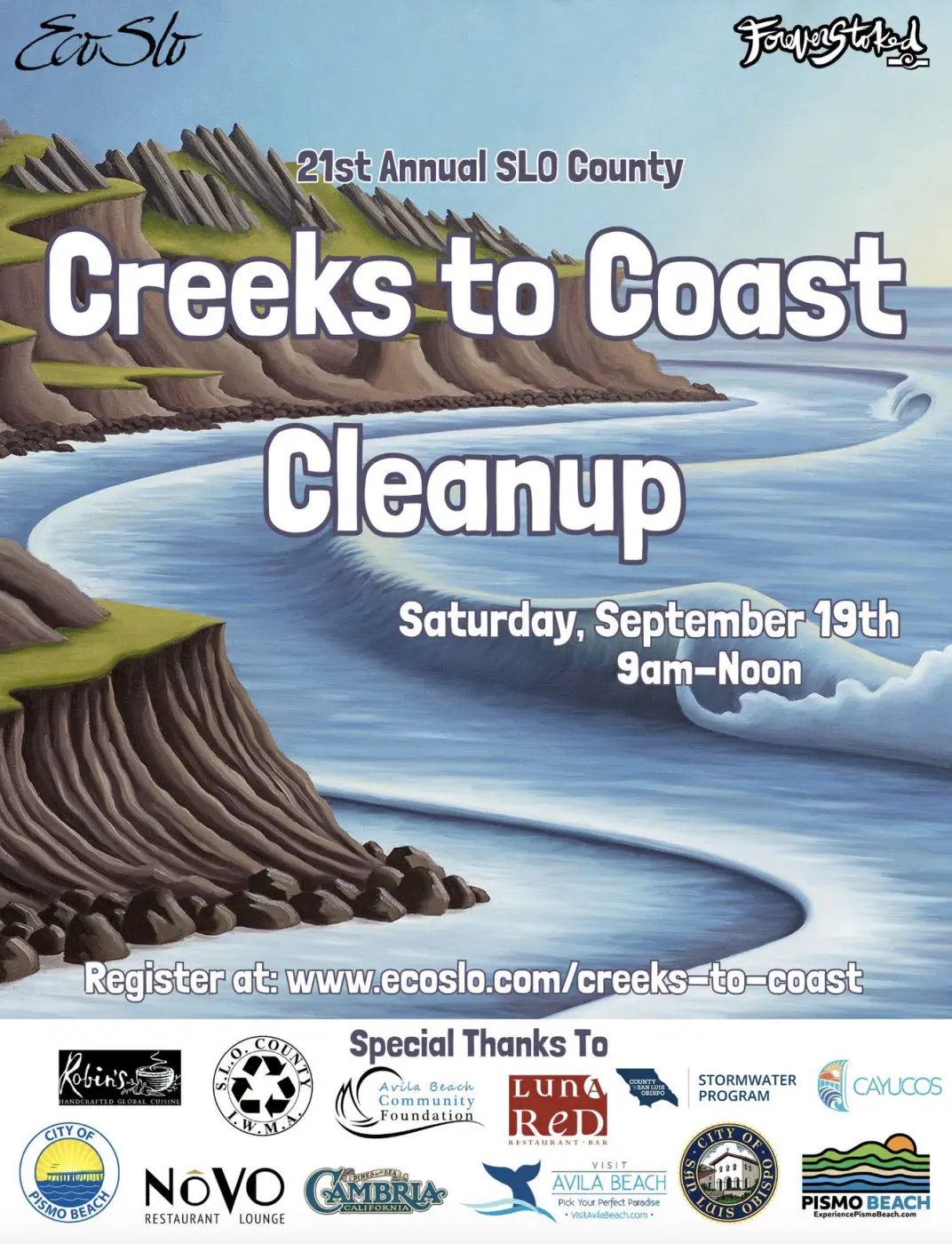 Poster for the 21st annual SLO County Creeks to Coast Cleanup on Saturday, September 19th from 9am to noon, showing a painted cove with sandstone bluffs and a breaking wave